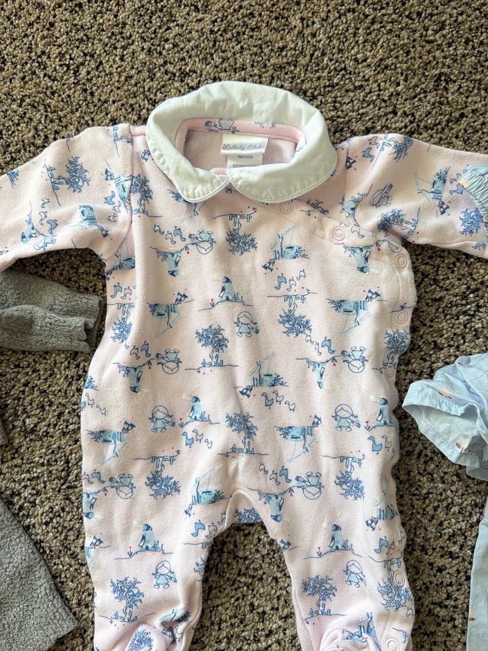 The Lullaby Club Pink Footed One-Piece with White Collar and Blue Print